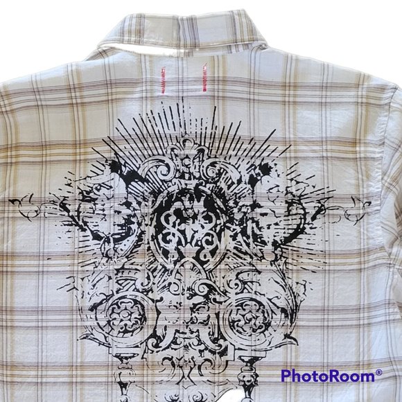 Vintage Red Brand Men's Neutral Button-Down Plaid Shirt with Graphic on Back - Picture 4 of 11